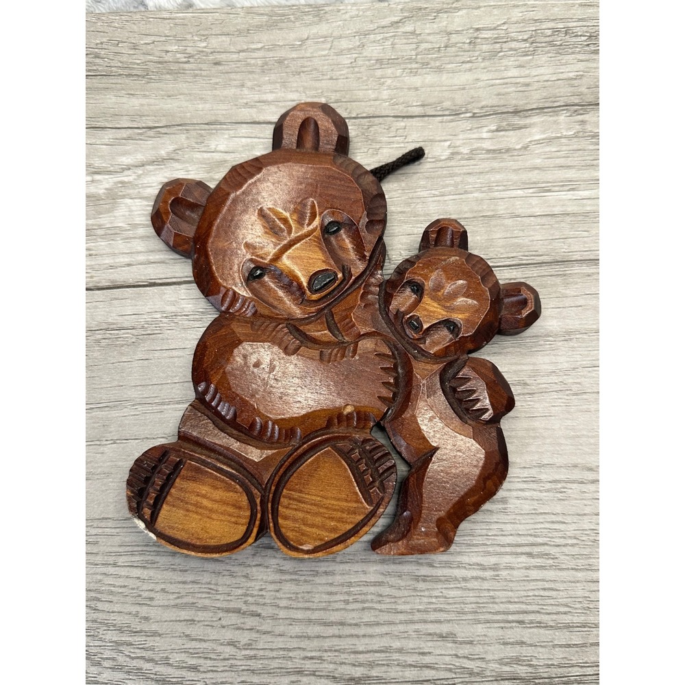 Ainu Japan Hand Carved Wood Bear Mother&Cub Wall Hanging S Takahashi granny core